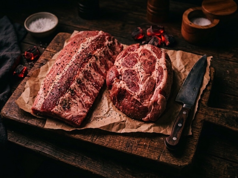 Pork — Ribs, secreto, or pork shoulder, with the perfect balance of fat and lean.