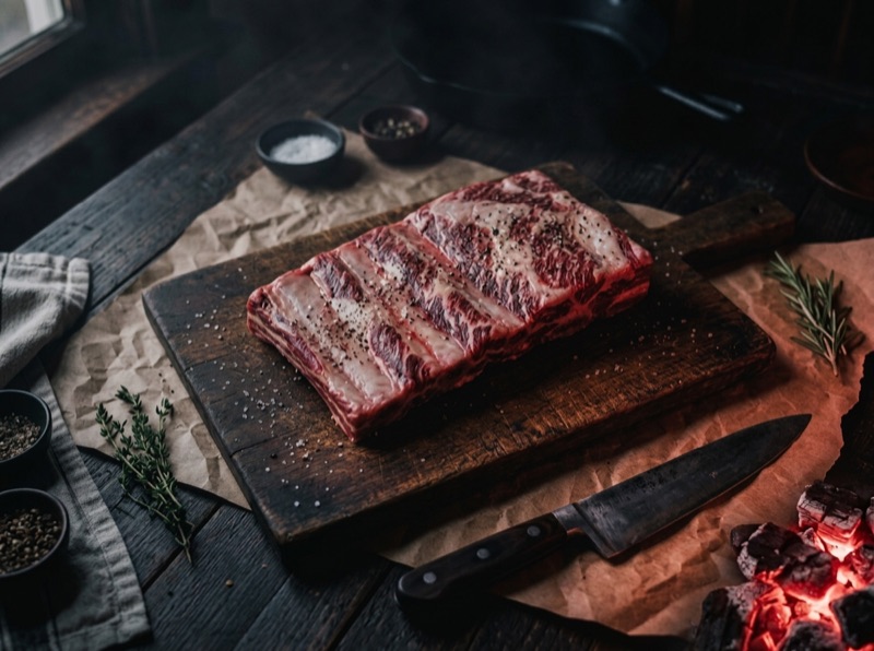 Short Rib — Slow-cooked beef rib rack, meat falling off the bone.