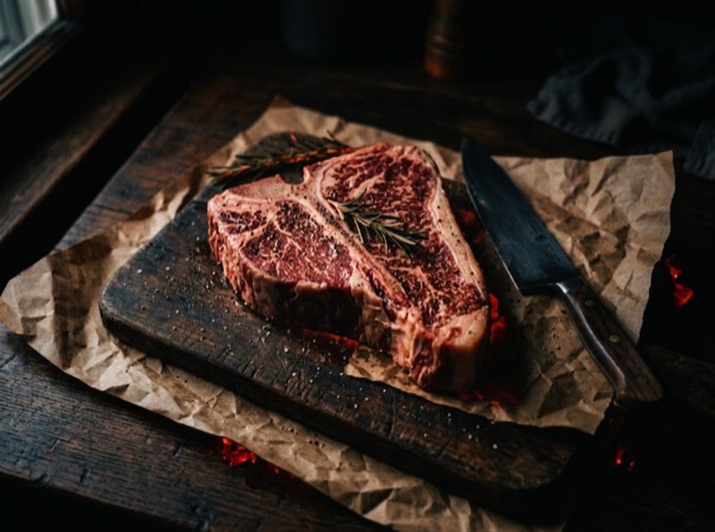 T-bone — The king of cuts: one side tenderloin, the other strip, juicy and deep.