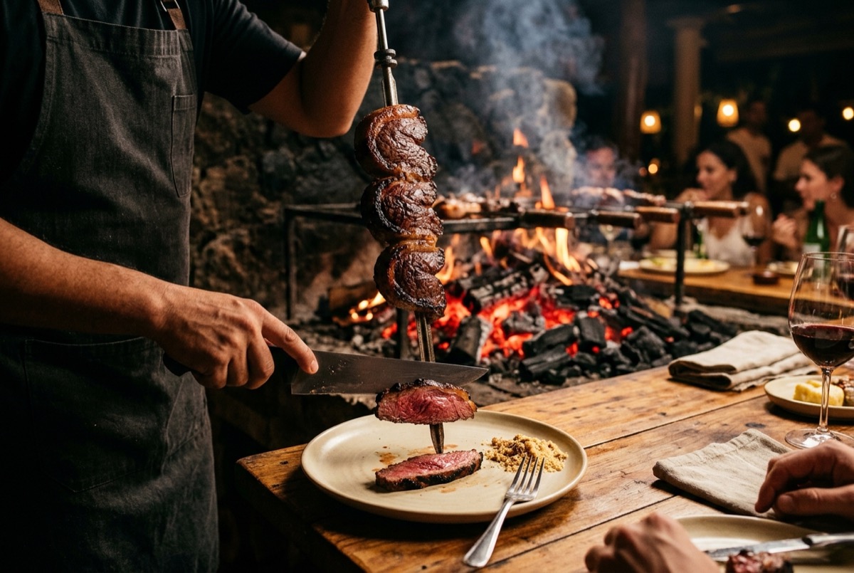 Brazilian Rodizio — Gaucho-style churrasco served on skewers, with continuous cuts and tropical sides.