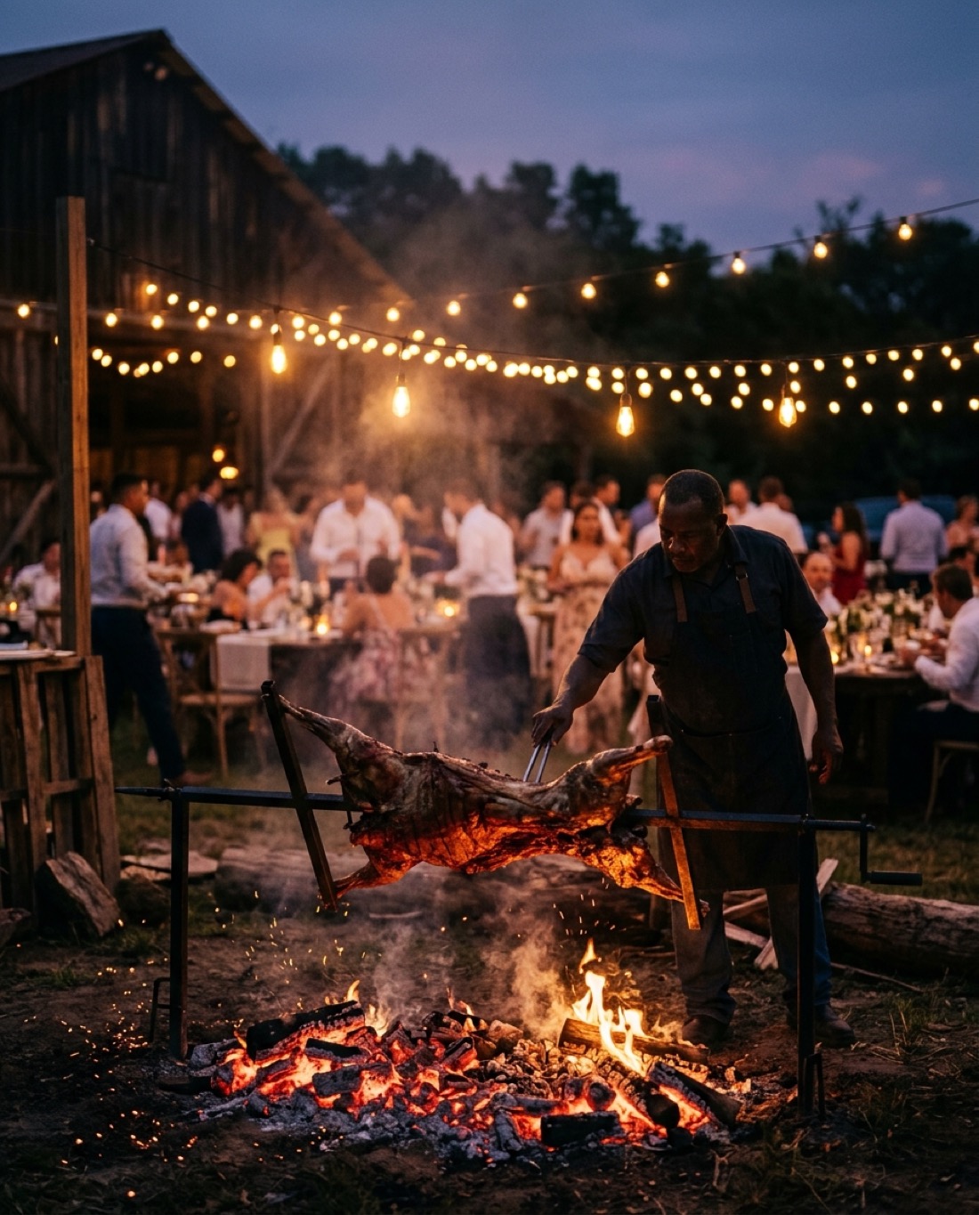 Cross asado at a Dominican estate wedding at sunset.