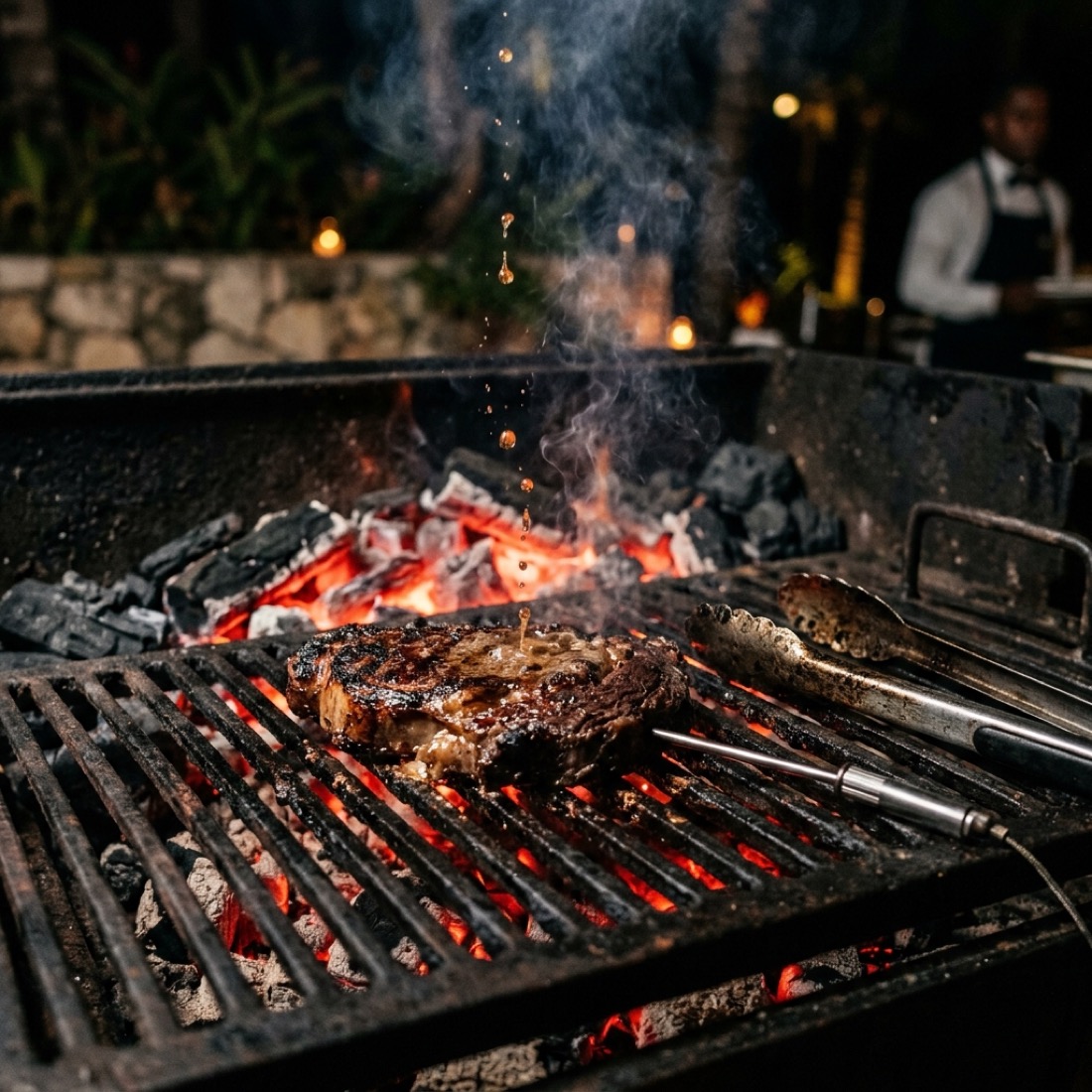 Detail of the grill station: red embers, tongs, and thermometer.