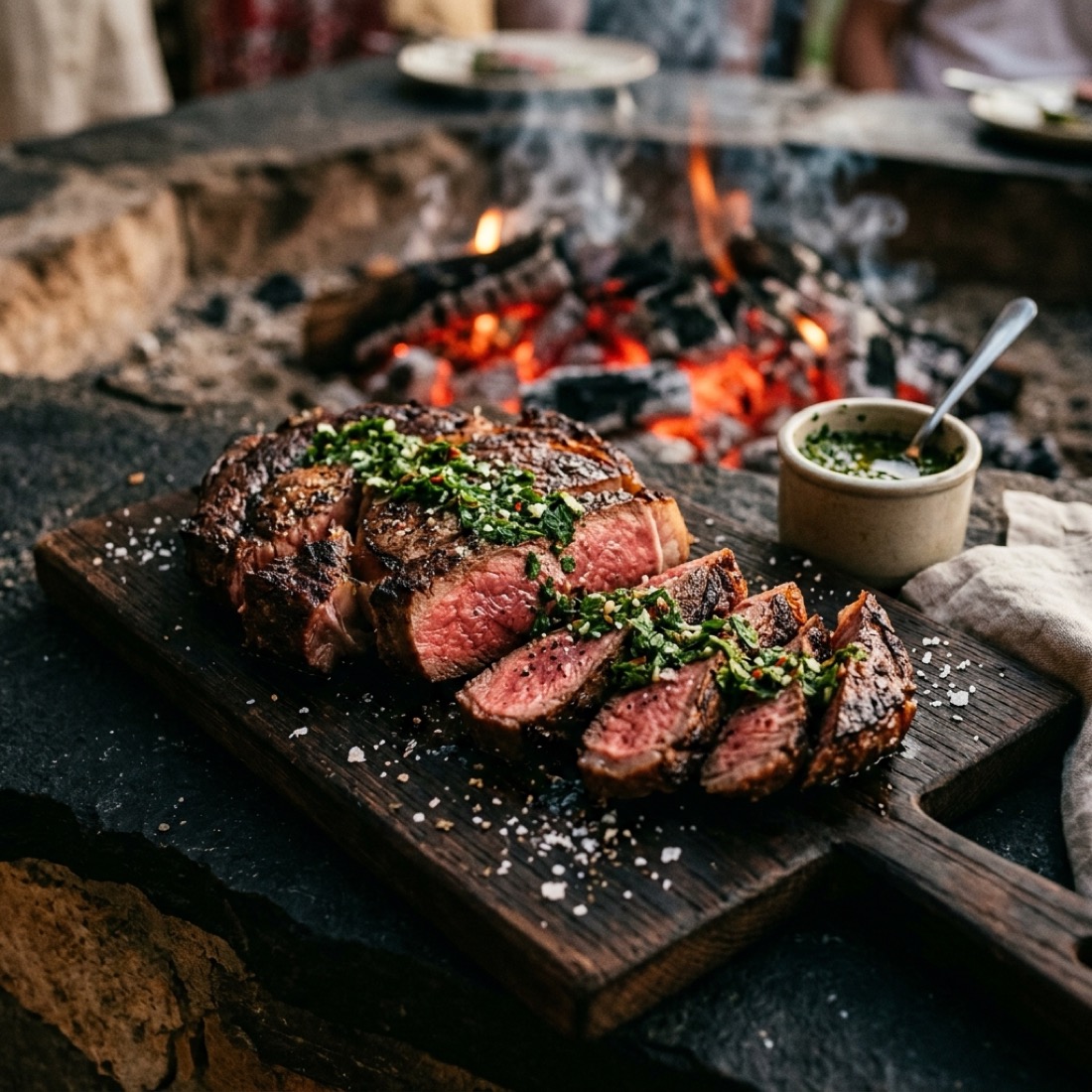 Platter with perfectly cooked cuts, sliced, with chimichurri.