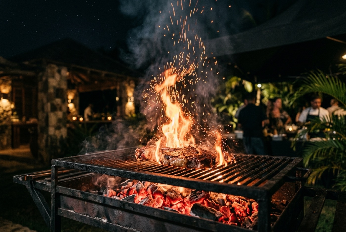 Nighttime flame on the grill with rising sparks.